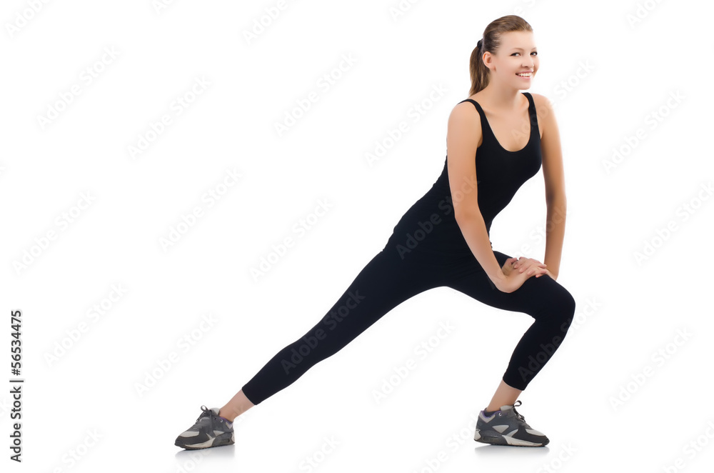 Young woman doing exercises on white