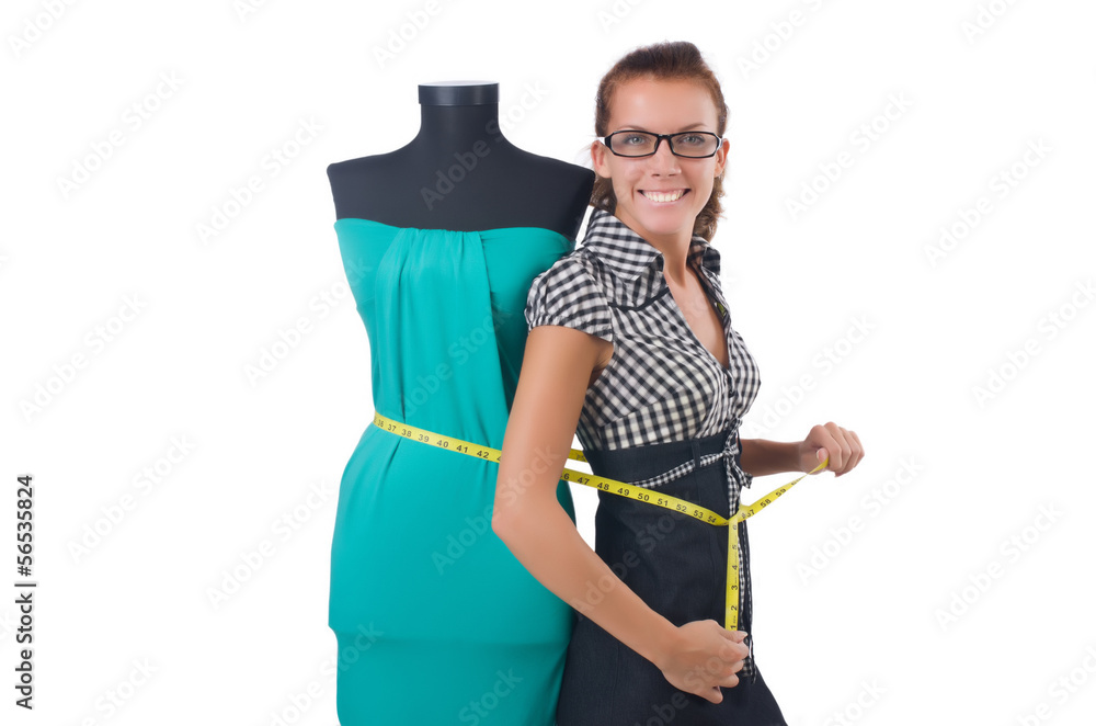 Woman tailor working on white background Woman tailor working on white background