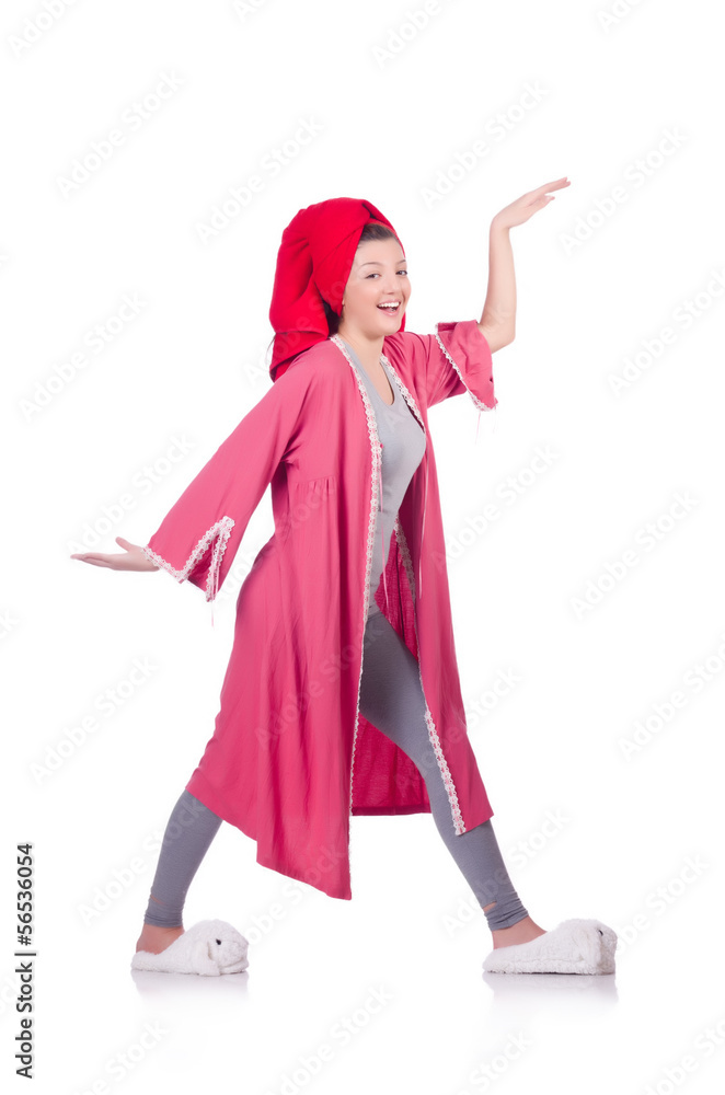 Housewife after taking the shower on white Housewife after taking the shower on white