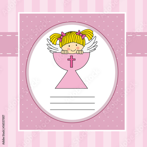First communion card. Angel in the holy grail. Girl