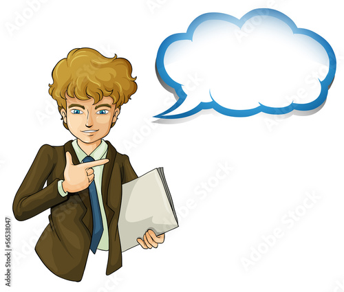 A boy holding a binder with an empty callout