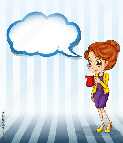 A woman drinking a cup of tea with an empty callout