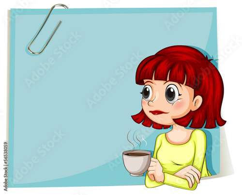 A woman with a cup of coffee with an empty paper at the back