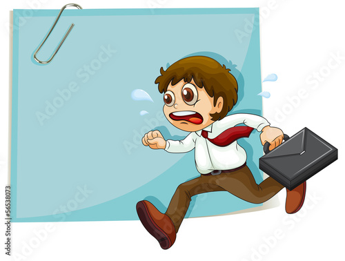 A sweaty man running in front of the empty paper with a clip