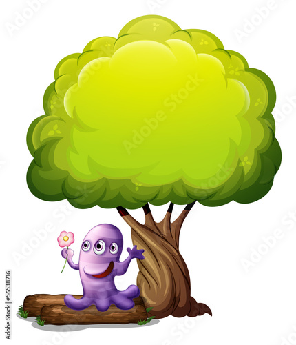 A monster with a flower standing under the big tree