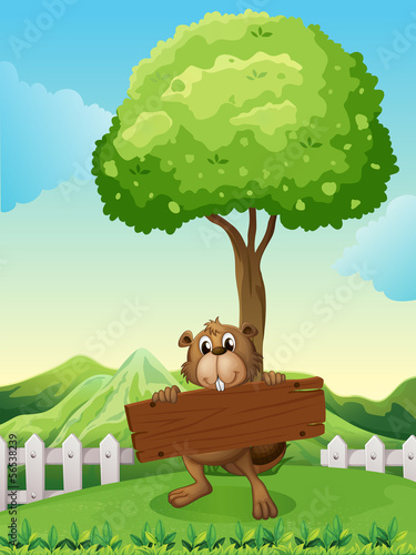 A beaver at the hilltop holding an empty signboard