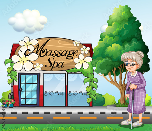 An old woman outside the massage spa parlor