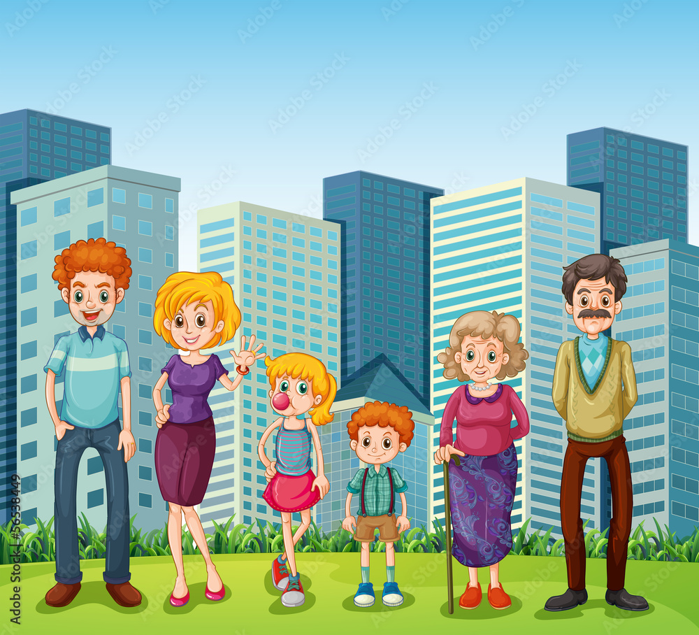A family in front of the tall buildings in the city