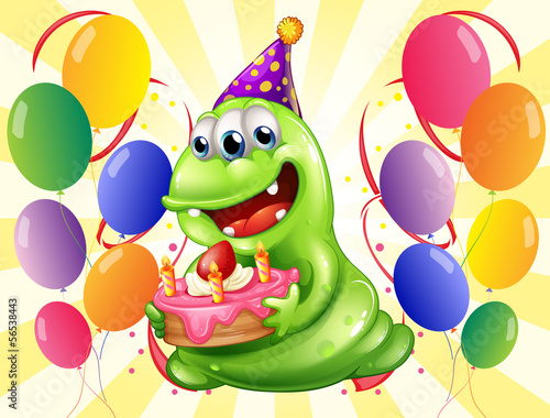 A happy monster surrounded with balloons