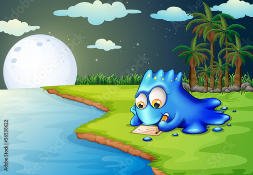 A blue monster writing a letter at the riverbank