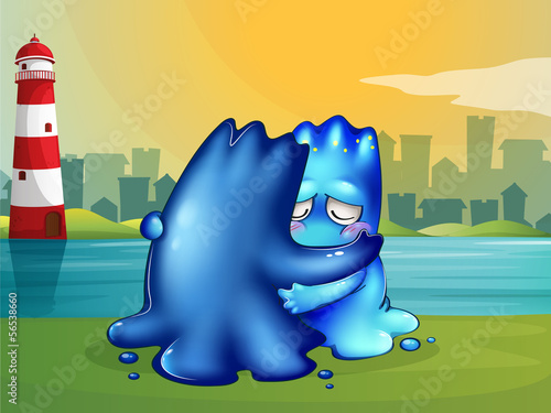 A monster giving a shoulder to cry on for a friend