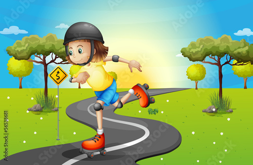A girl rollerskating at the street