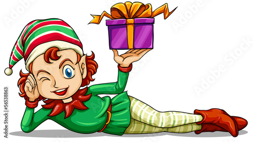 A happy elf holding a gift