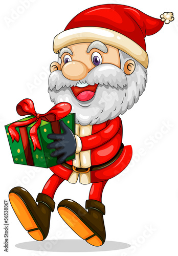 A smiling Santa holding a present for Christmas