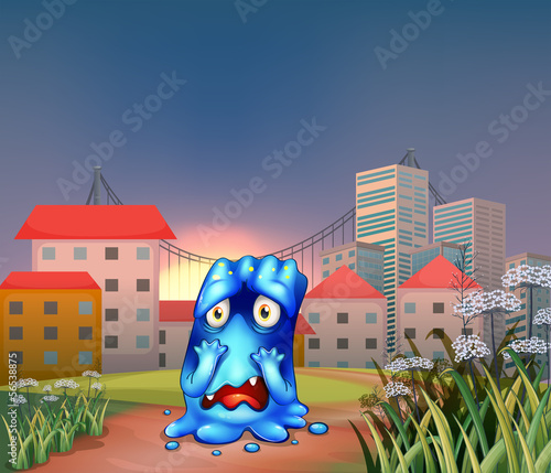 A scared monster near the tall buildings