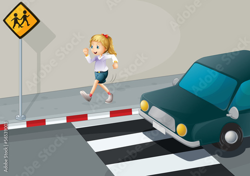 A girl running at the streetside