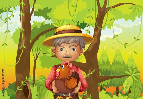 An old man in the forest with his pet