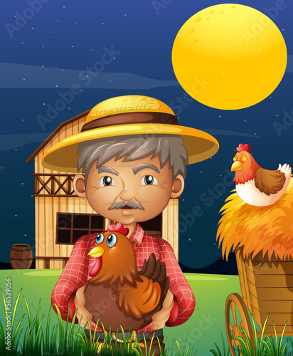 An old man with his farm animals standing in front of the barnho
