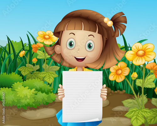 A cute little girl holding an empty sheet of paper