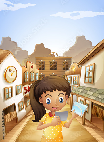 A girl watching the pictures while standing near the saloon bars