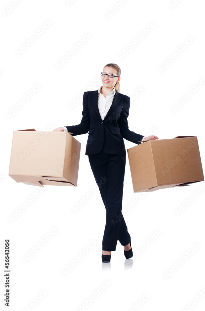 Woman businesswoman with boxes on white Woman businesswoman with boxes on white