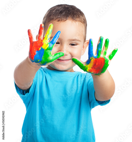 kid with paited hands on a white background