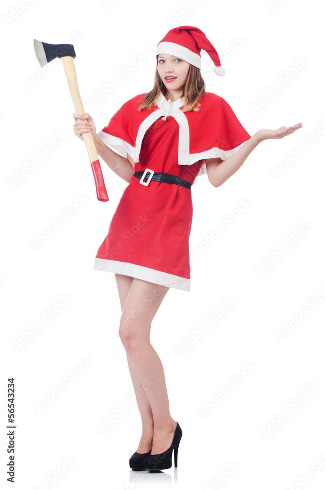 Young woman in red santa costume on white Young woman in red santa costume on white