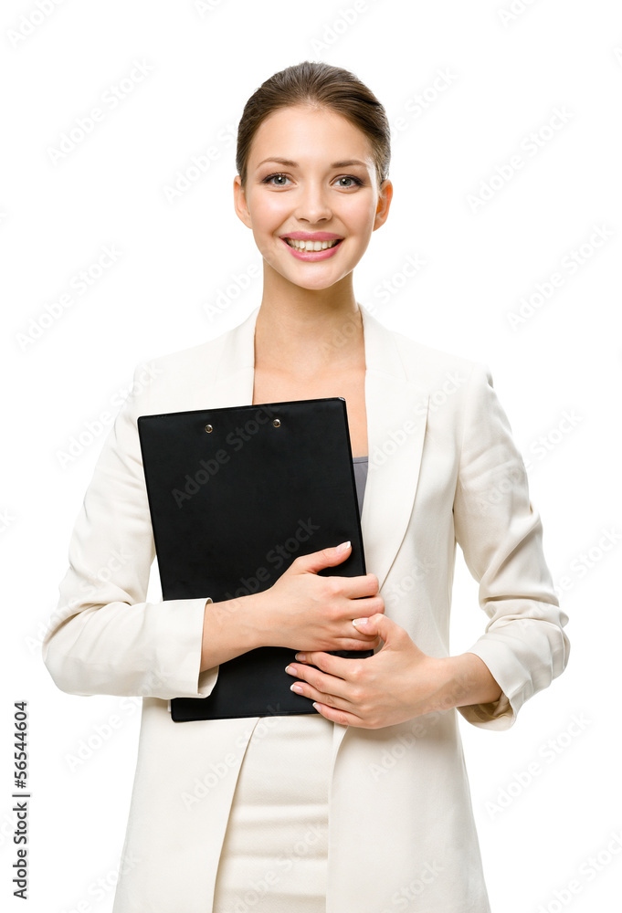Half-length portrait of businesswoman handing black papers Half-length portrait of businesswoman handing black papers