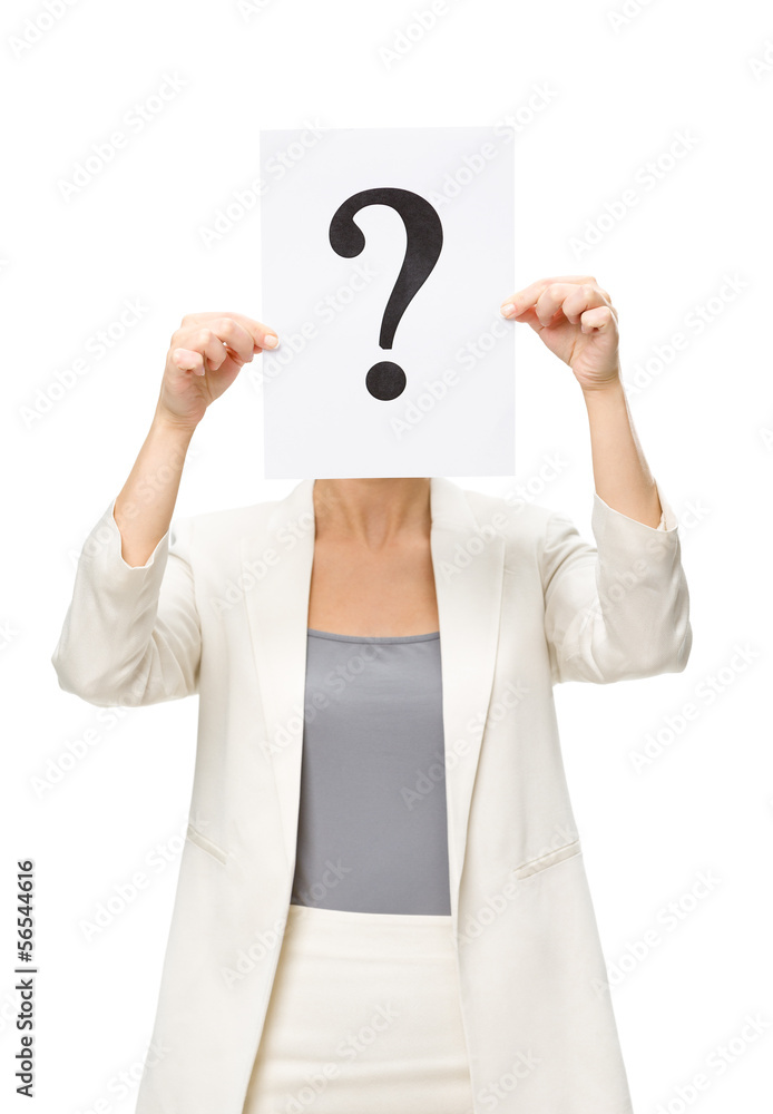 Half-length portrait of businesswoman handing question mark Half-length portrait of businesswoman handing question mark