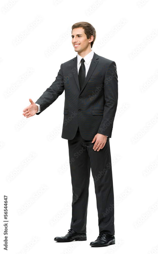 Full-length portrait of businessman handshake gesturing Full-length portrait of businessman handshake gesturing