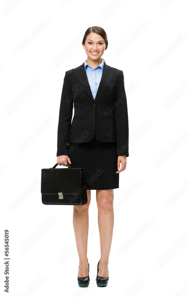 Full-length portrait of business woman keeping suitcase Full-length portrait of business woman keeping suitcase