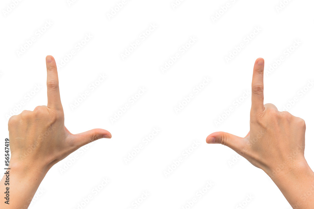 Two hands with copyspace between them, white background Two hands with copyspace between them, white background