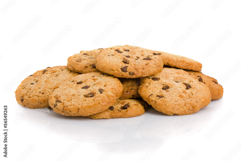 Pile of chocolate chip cookies isolated on white background. Pile of chocolate chip cookies isolated on white background.