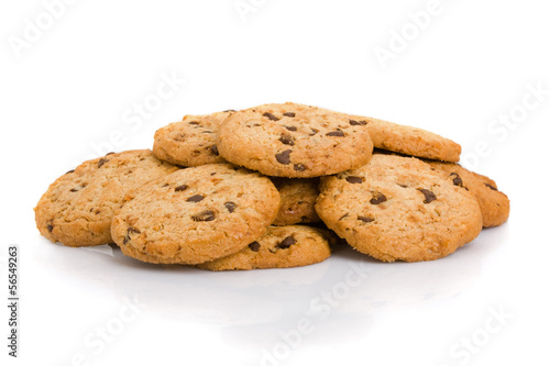 Pile of chocolate chip cookies isolated on white background.