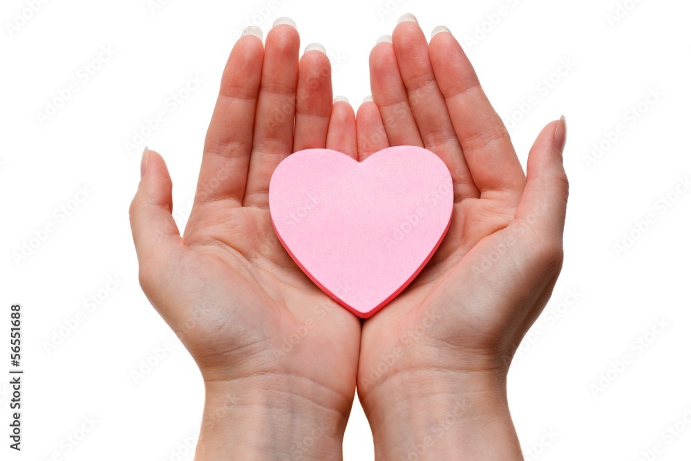 heart symbols held in the hand of a woman. Isolated on white heart symbols held in the hand of a woman. Isolated on white