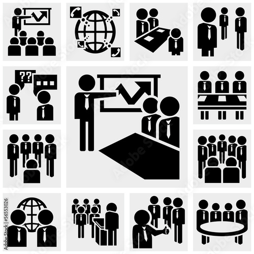 Office and business vector icons set on gray