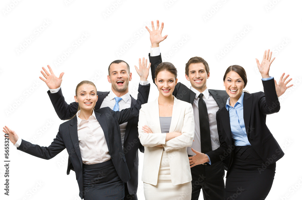 Group of happy managers with hands up, isolated Group of happy managers with hands up, isolated