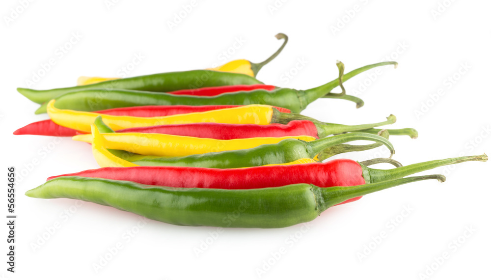 colorful chili peppers isolated on white background