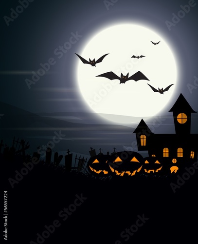 Halloween Background with haunted house and scary pumpkins