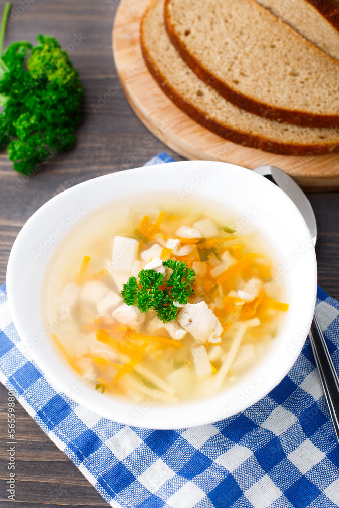 Bowl of chicken soup with vegetables and noodles