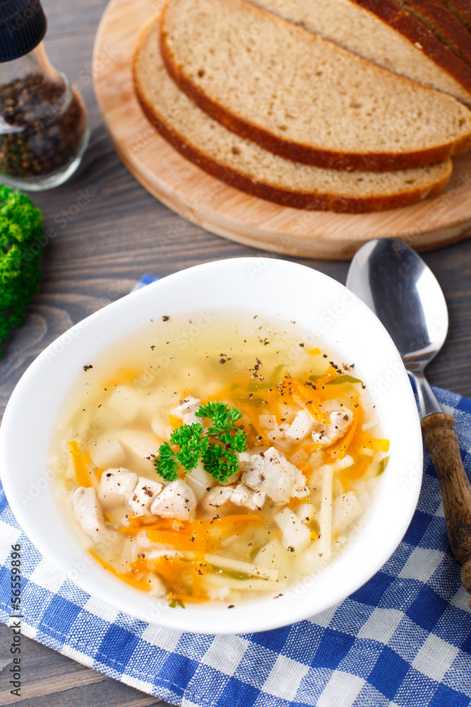 Bowl of chicken soup with vegetables and noodles Bowl of chicken soup with vegetables and noodles