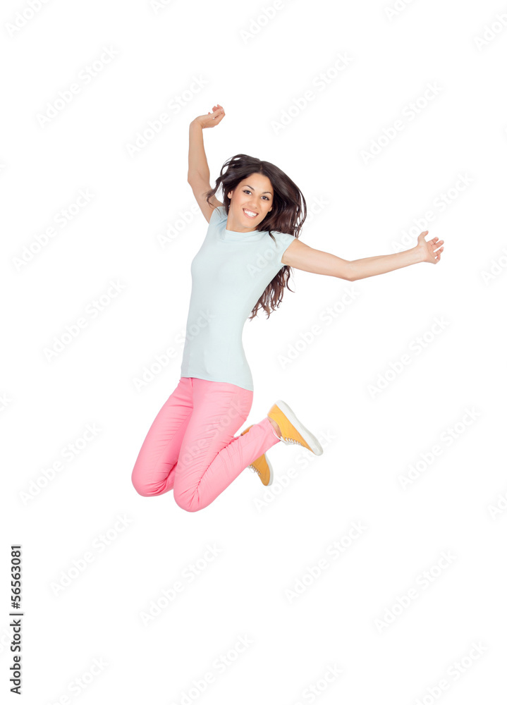 Happy casual girl jumping