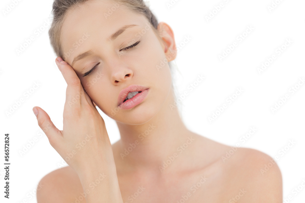 Tired brunette model posing closing her eyes Tired brunette model posing closing her eyes