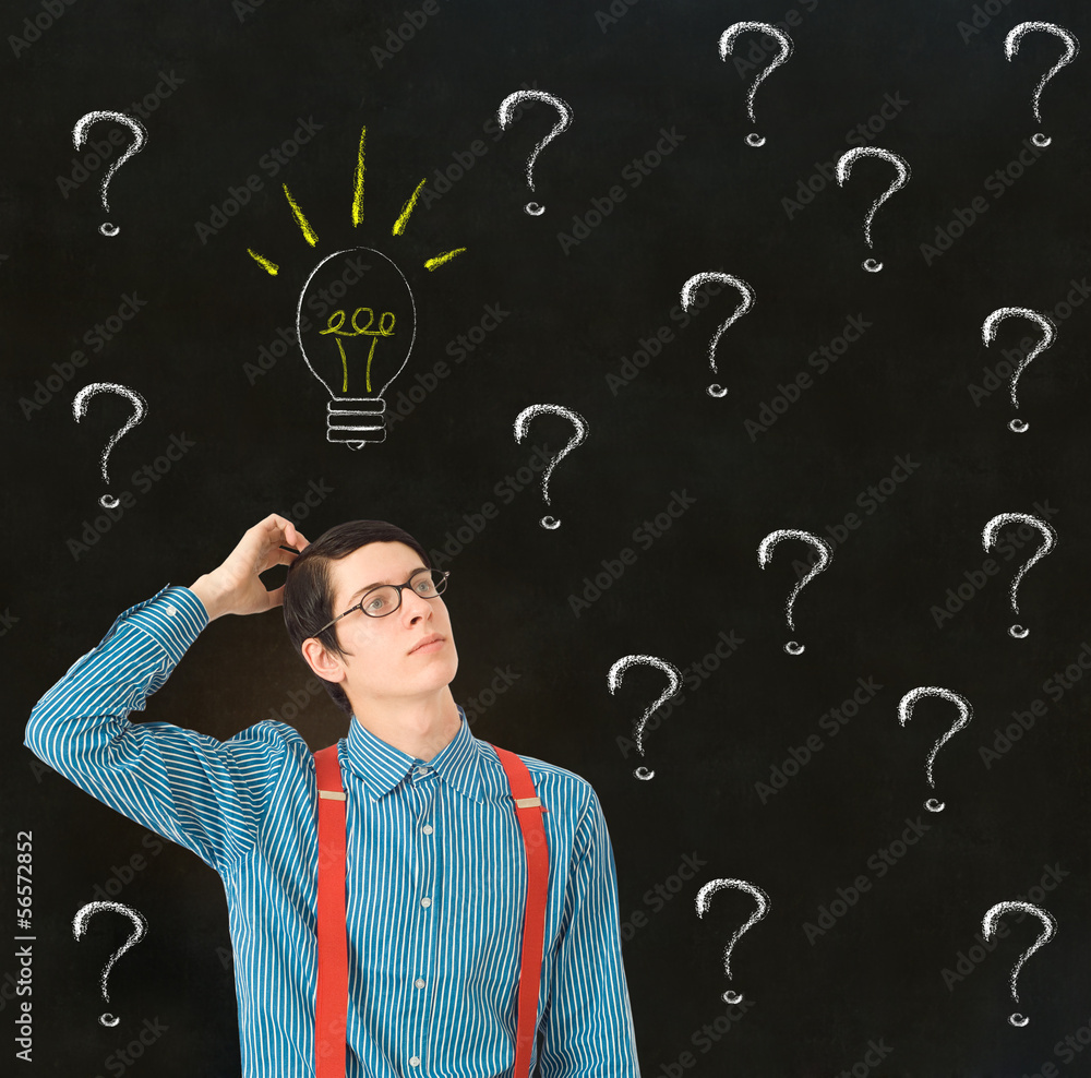 Nerd businessman chalk exclamation marks ideas Nerd businessman chalk exclamation marks ideas