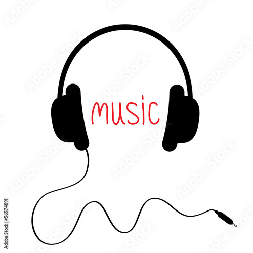 Black headphones with cord and red word Music.  Card.