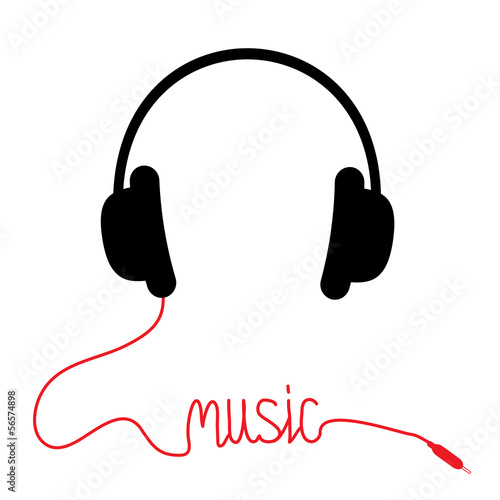 Black headphones with red cord in shape of word Music. Card.