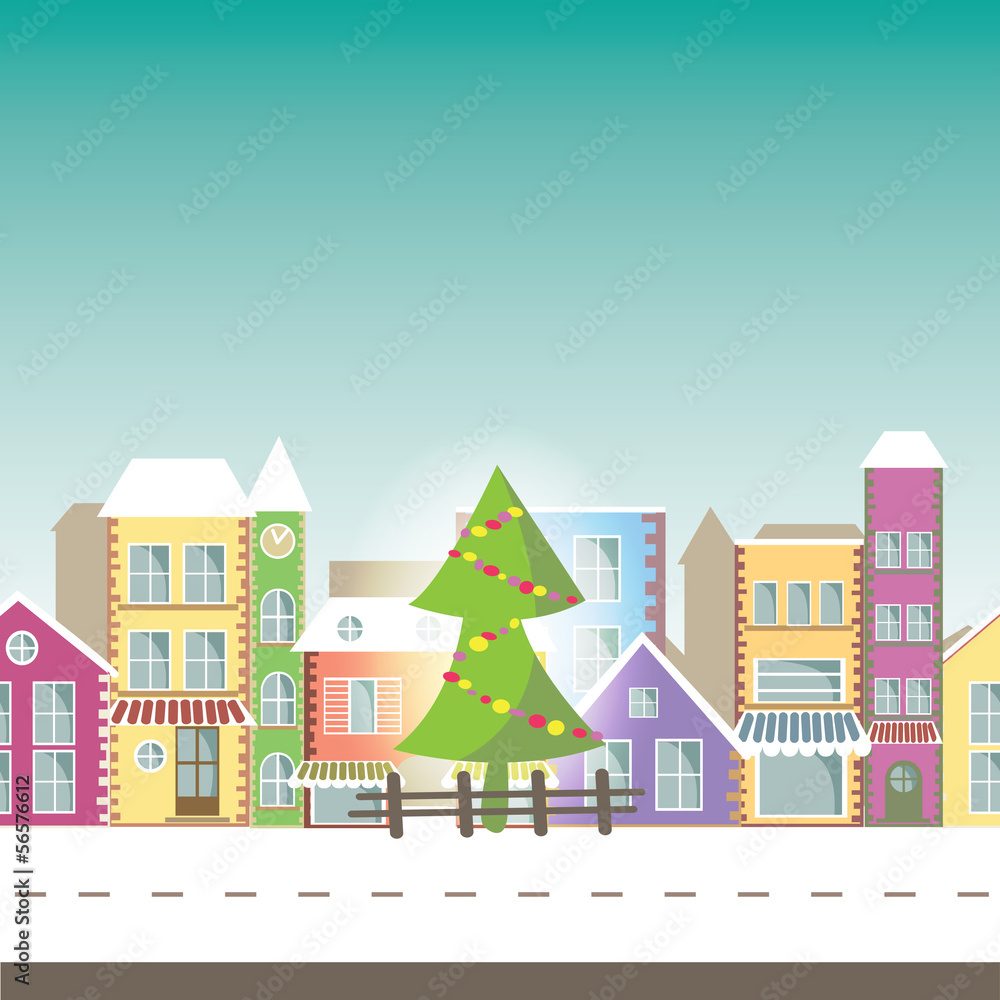 Happy New Year greeting card  -Banner with small town