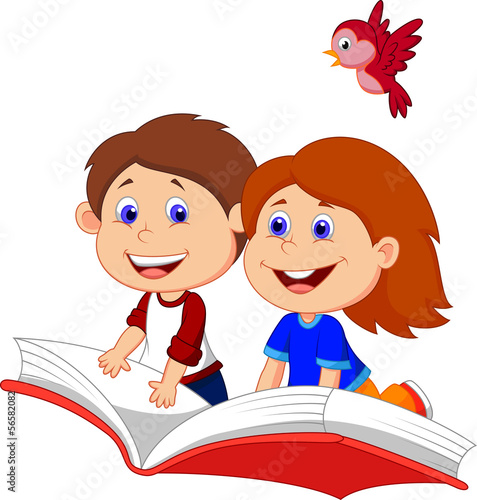 Boy and girl flying on a book