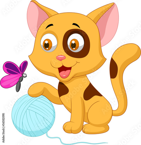 Cute cat cartoon playing with ball of yarn and butterfly