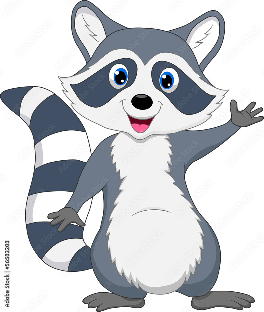 Cute raccoon cartoon waving hand - obrazy, fototapety, plakaty 